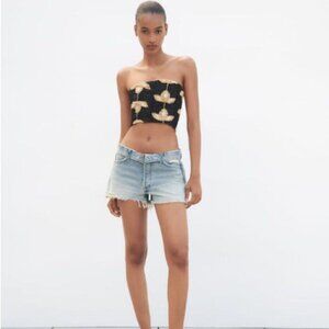 Zara NWT Woman Embroidered Strapless Cropped Top Bustier Boho Black Beige Size L